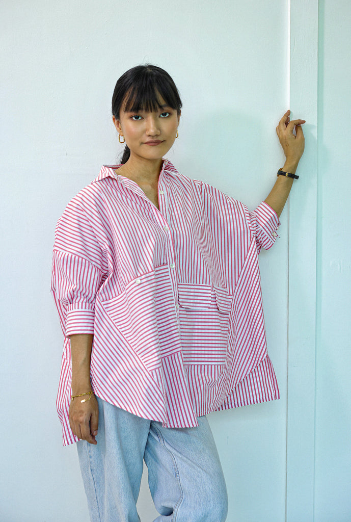 Red & White Stripe oversized shirt | Cotton shirts for women