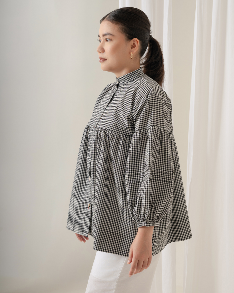 Black & White Check Shirt | Gathered tops for women