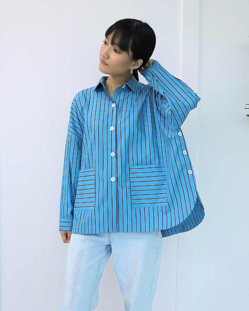 Striped Blue Ladies Shirt | Blue shirts for women