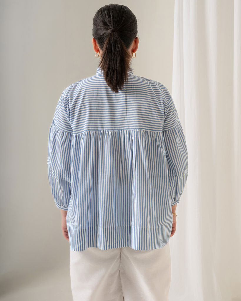 Gathered tops | Blue Stripe cotton shirt