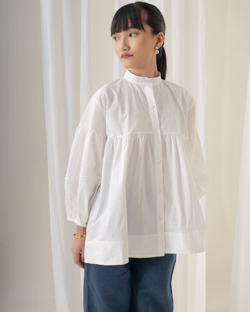 Cotton white top | White top with gathered sleeve