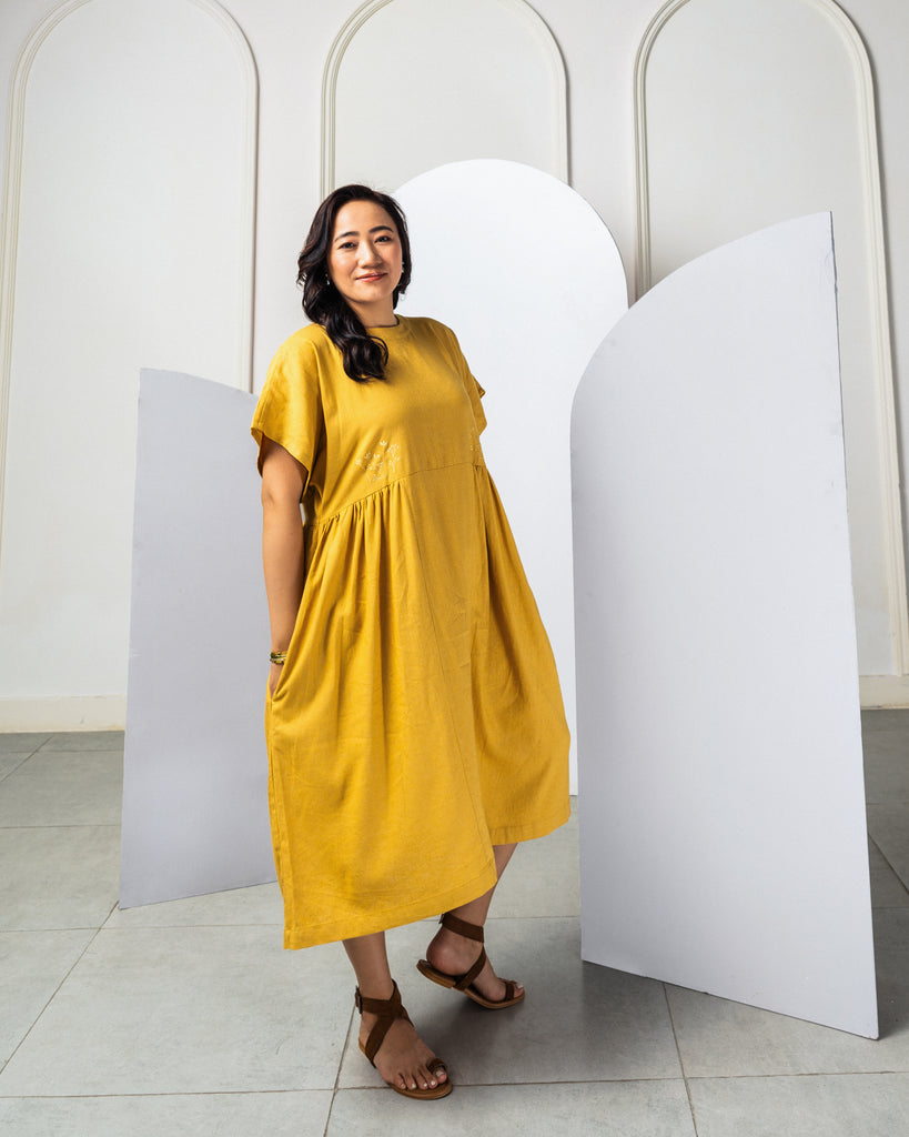 Yellow Linen Dress | Midi dresses online India 