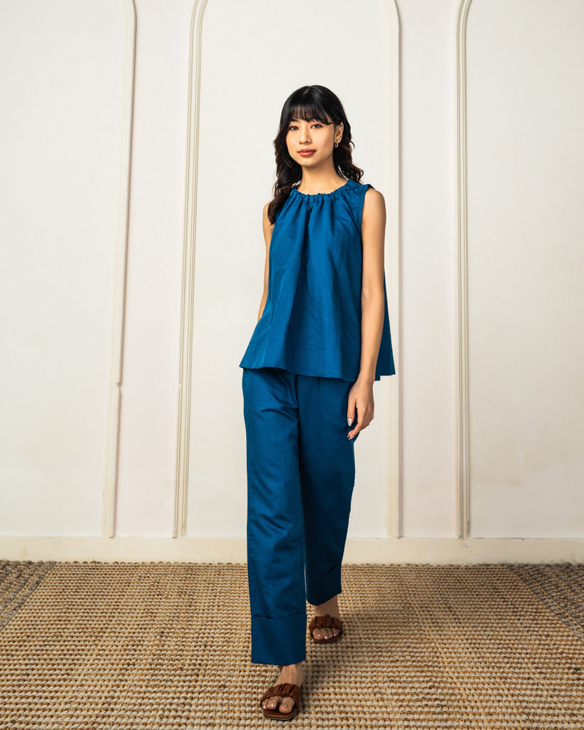 Blue linen sleeveless top | A line tops for women